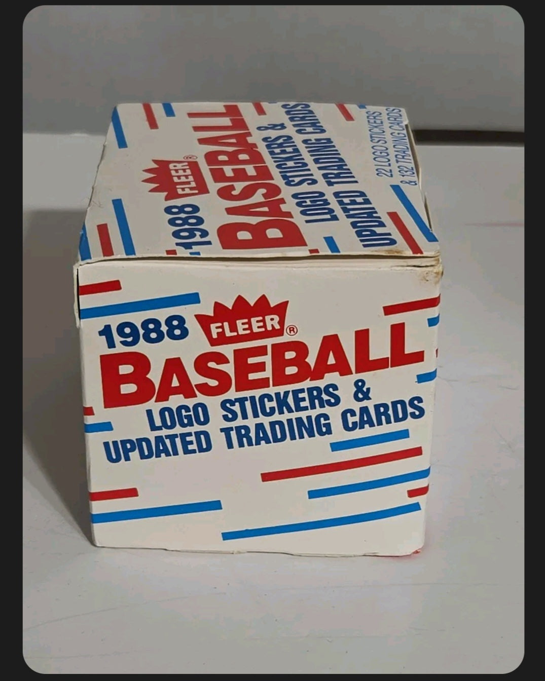Oddly Darling Vintage 1988 Fleer baseball trading card and logo sticker display box with retro red and blue graphics