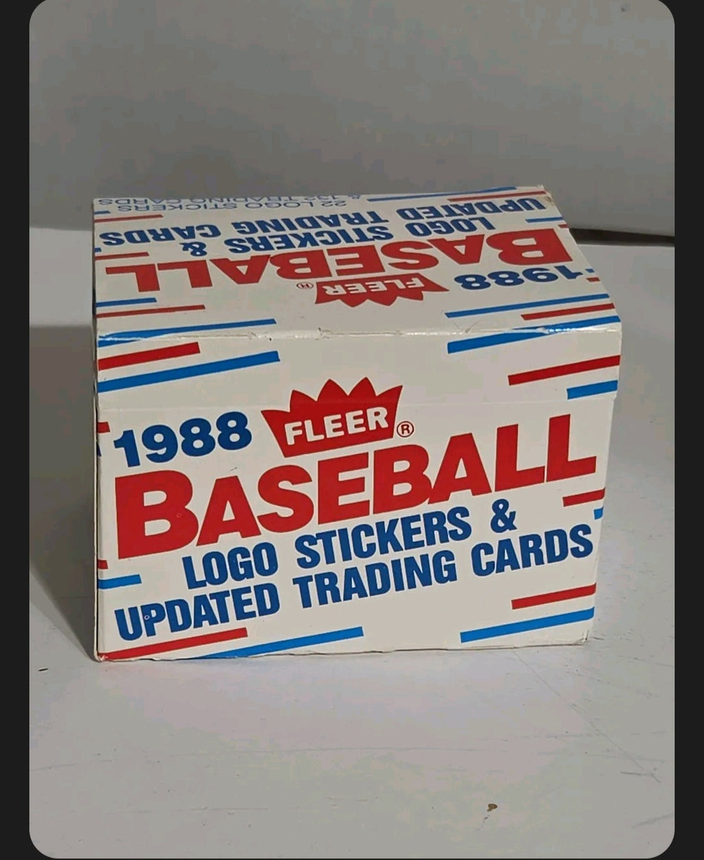 Oddly Darling Vintage 1988 Fleer baseball trading card and logo sticker display box with retro red and blue graphics