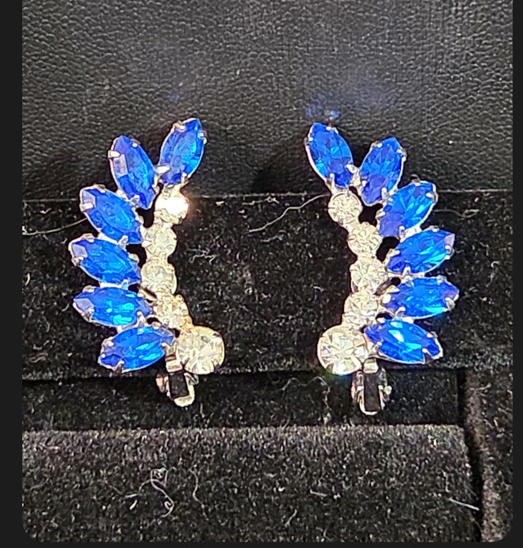 Oddly Darling Vintage B. David clip-on ear climbers featuring blue marquise and clear round rhinestones in silver-tone