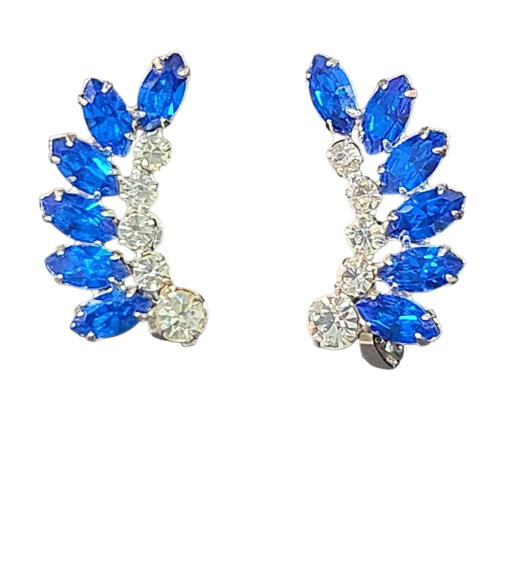 Oddly Darling Vintage B. David clip-on ear climbers with blue marquise and clear round rhinestones in silver-tone metal