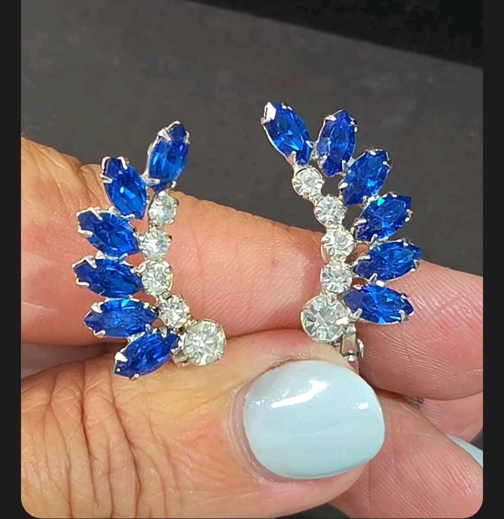 Oddly Darling Vintage B. David clip-on ear climber earrings with blue marquise and clear round rhinestones.