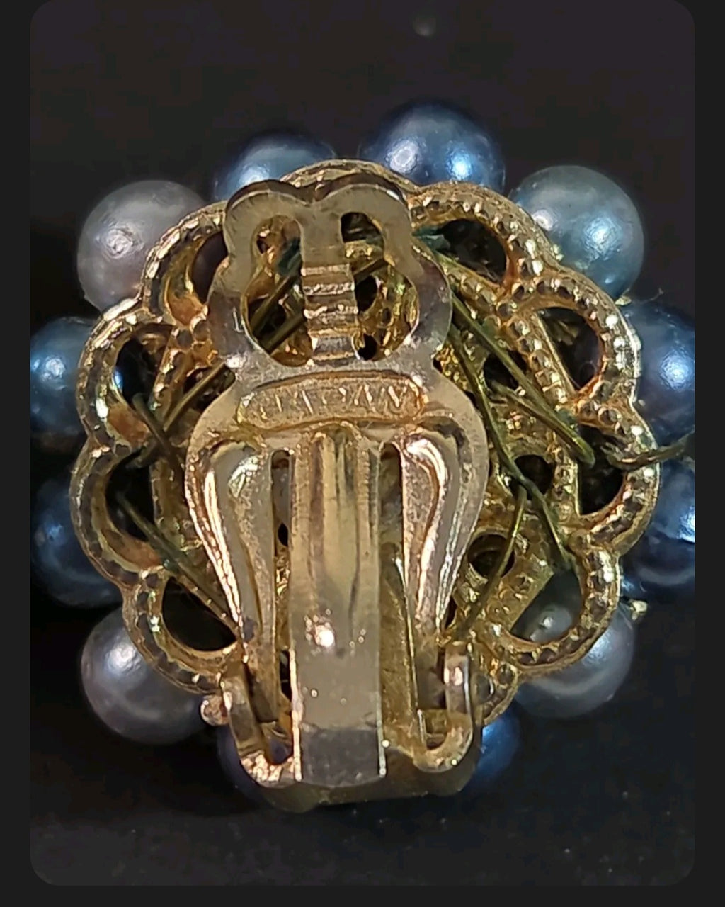 Oddly Darling Vintage mid-century clip-on earrings featuring blue and grey faux pearls and a gold-tone metal back