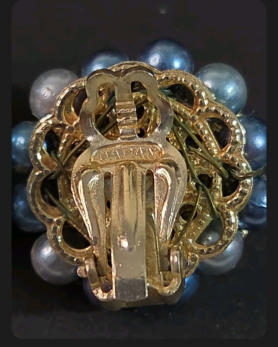 Oddly Darling Vintage mid-century clip-on earrings featuring blue and grey faux pearls and a gold-tone metal back