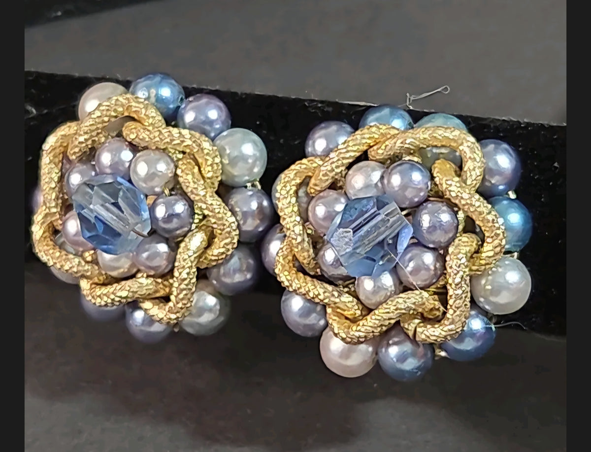 Oddly Darling Vintage mid-century cluster clip-on earrings with blue and grey faux pearls and central blue crystals.