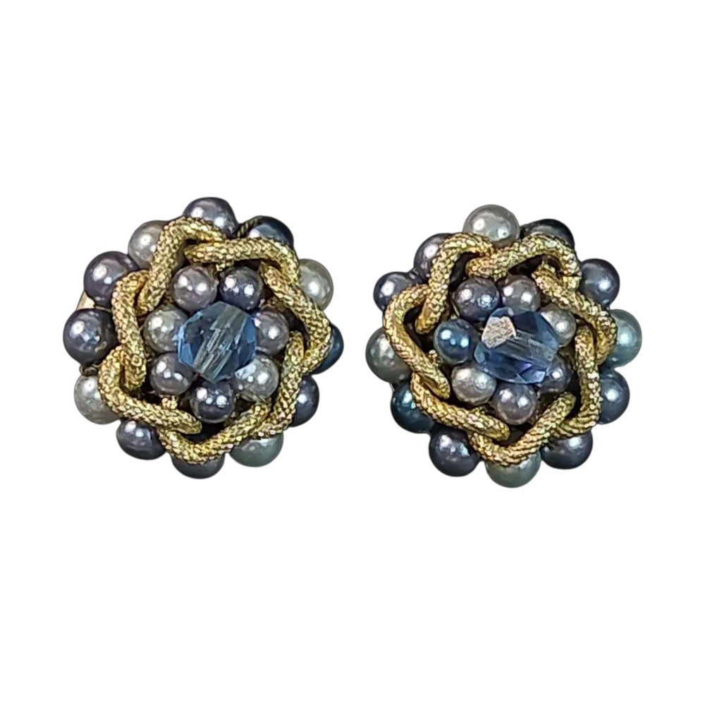 Oddly Darling Vintage mid-century clip-on earrings with blue and grey faux pearls, central crystal, and gold-tone frame