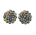Oddly Darling Vintage mid-century clip-on earrings with blue and grey faux pearls, central crystal, and gold-tone frame