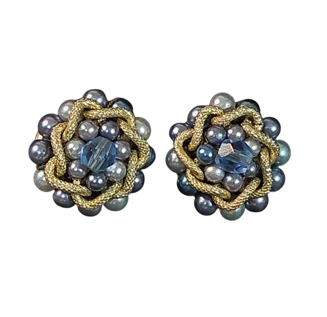 Oddly Darling Vintage mid-century clip-on earrings with blue and grey faux pearls, central crystal, and gold-tone frame