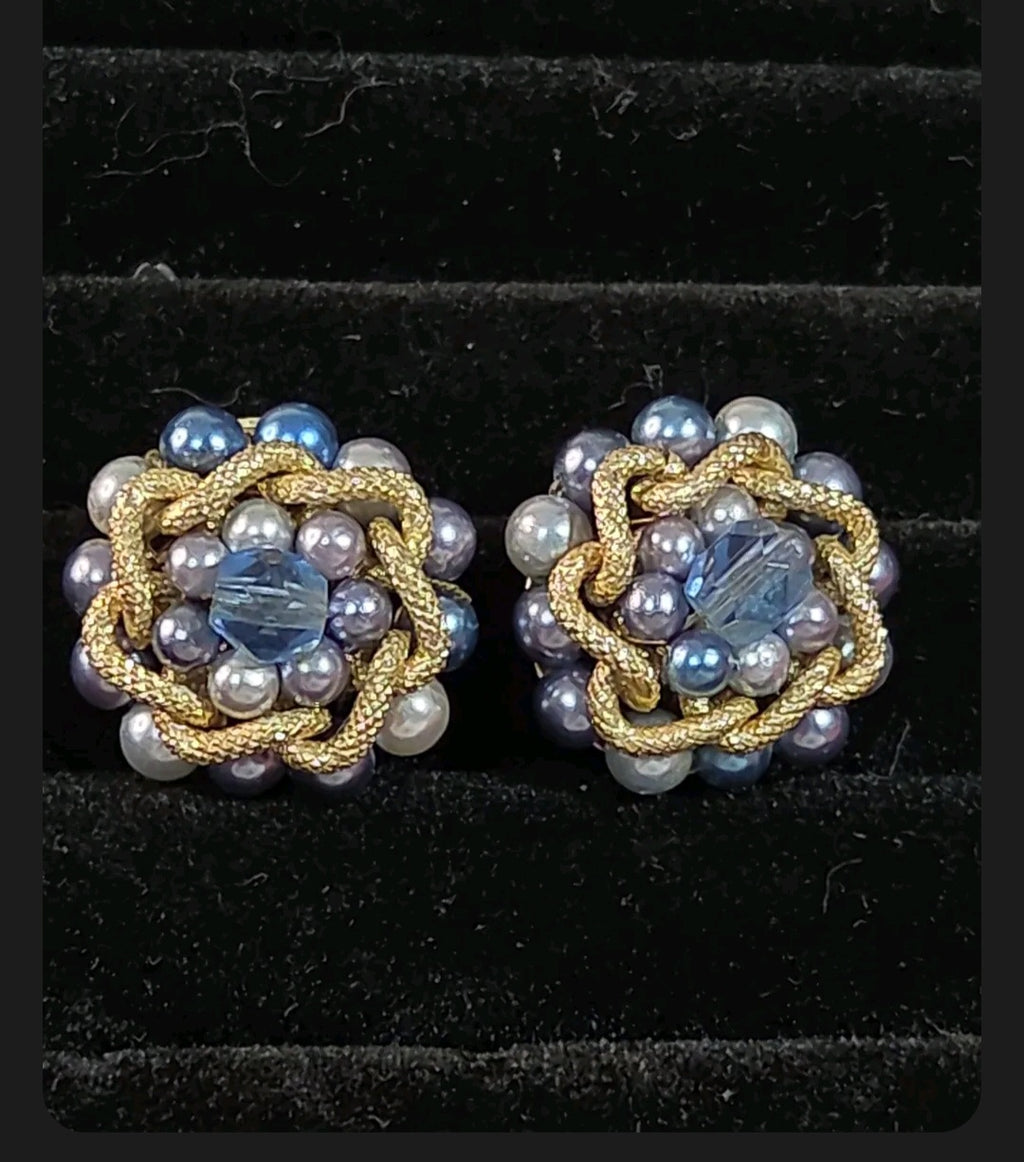 Oddly Darling Vintage mid-century clip-on earrings with blue and grey faux pearls, gold-tone metal, and blue crystals.
