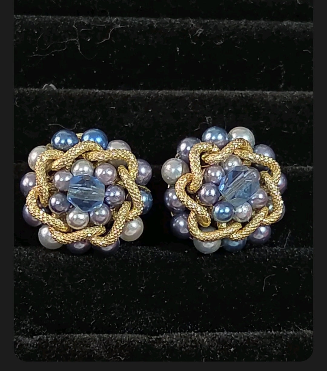 Oddly Darling Vintage mid-century clip-on earrings with blue and grey faux pearls, gold-tone metal, and blue crystals.