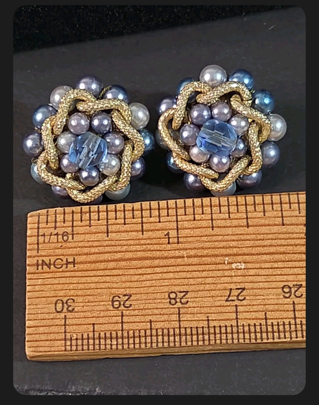 Oddly Darling Vintage mid-century clip-on earrings with blue and grey faux pearls, blue crystal, and gold-tone metal.