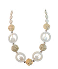 Oddly Darling Vintage artisan statement necklace featuring mother-of-pearl discs, stone beads, and crystal accents.