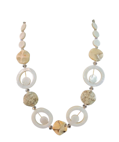 Oddly Darling Vintage artisan statement necklace featuring mother-of-pearl discs, stone beads, and crystal accents.