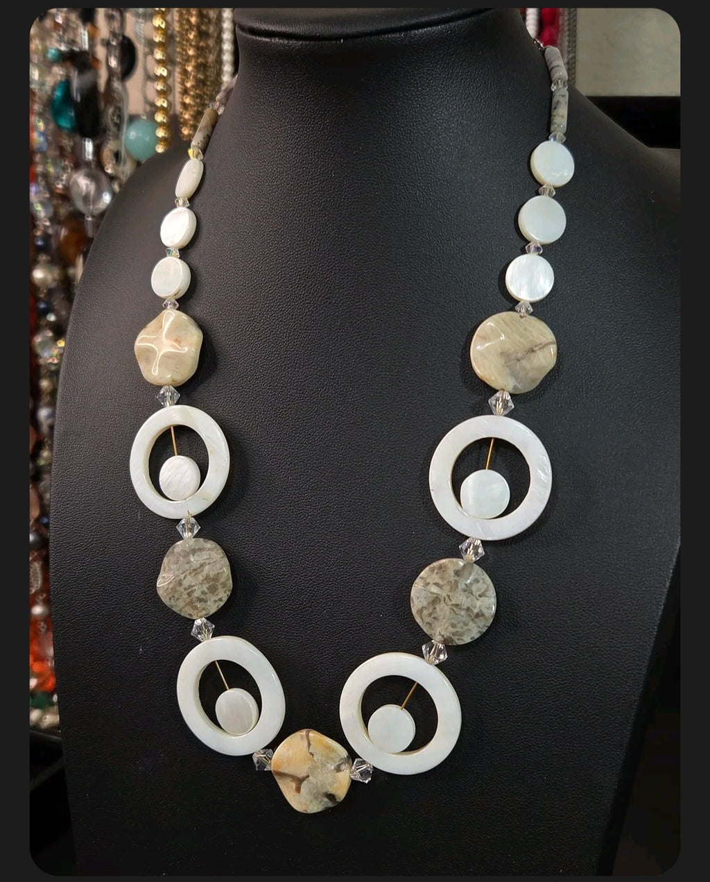 Oddly Darling Vintage artisan statement necklace with mother-of-pearl discs, stone beads, and crystal accents.