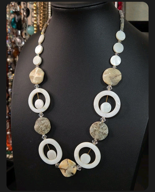 Oddly Darling Vintage artisan statement necklace with mother-of-pearl discs, stone beads, and crystal accents.