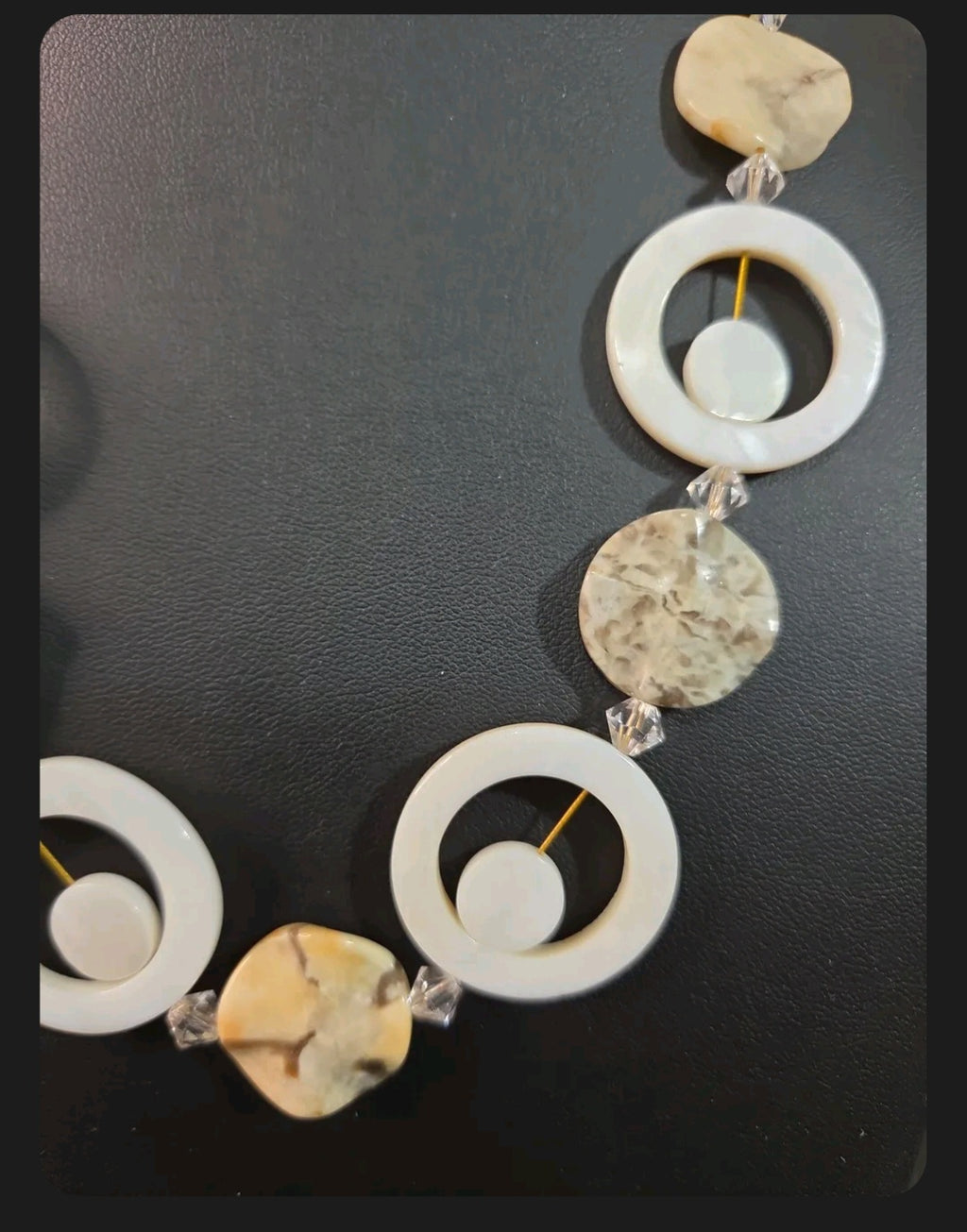 Oddly Darling Vintage artisan statement necklace featuring mother-of-pearl discs, stone beads, and crystal accents.