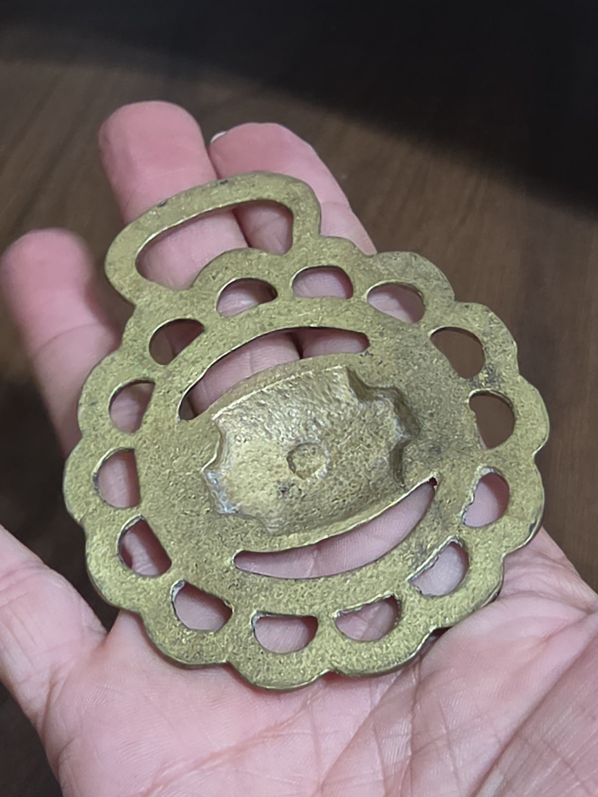 Oddly Darling Vintage brass horse harness medallion with a scalloped circular frame and aged patina finish.
