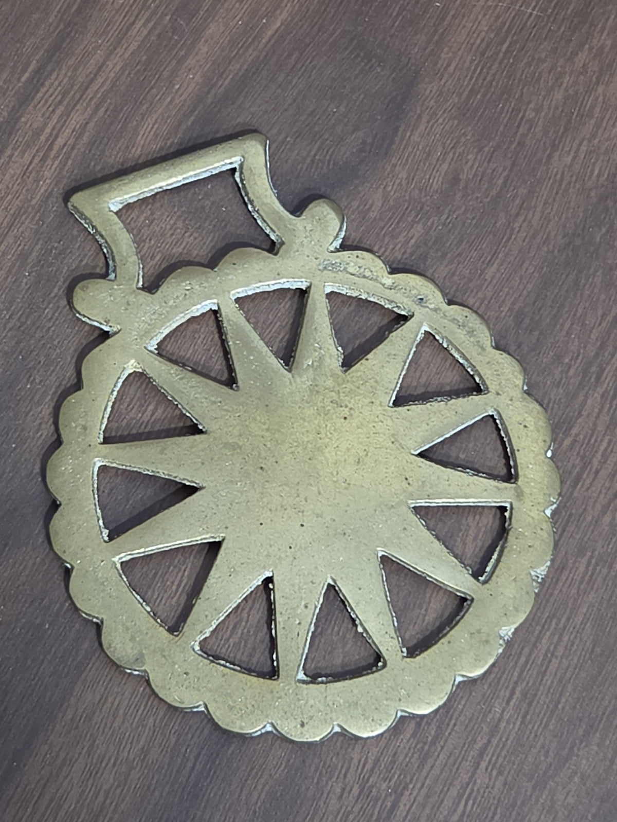 Oddly Darling Vintage brass horse harness medallion featuring a sunburst design and scalloped edge on a wood surface.