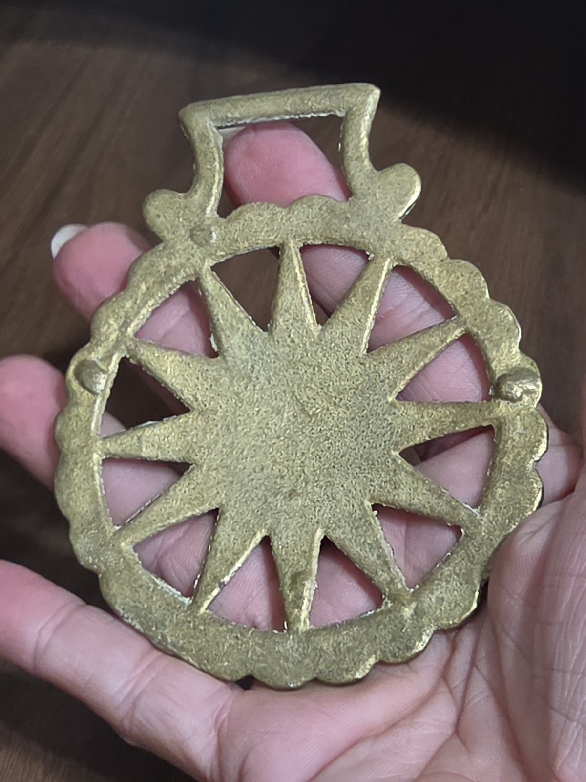 Oddly Darling Vintage brass horse harness medallion featuring a sunburst design with a scalloped edge held in a hand.