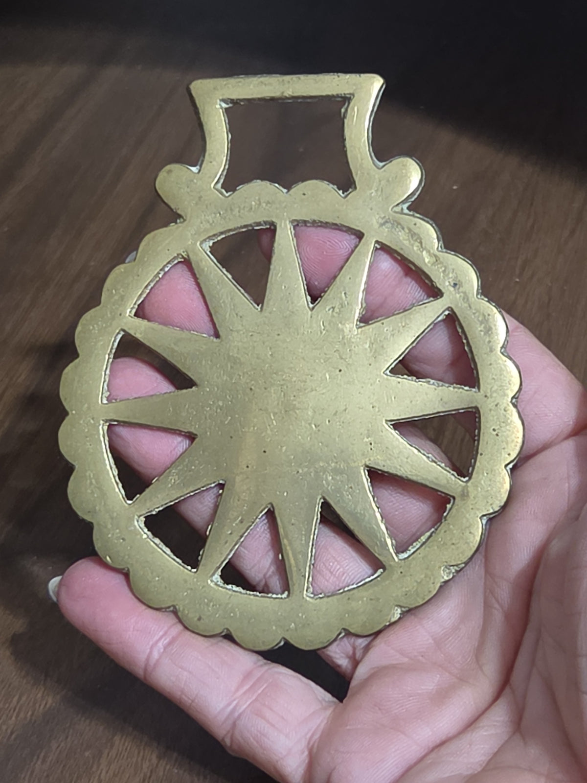 Oddly Darling Vintage brass horse harness medallion featuring a sunburst design with a scalloped edge held in a hand.