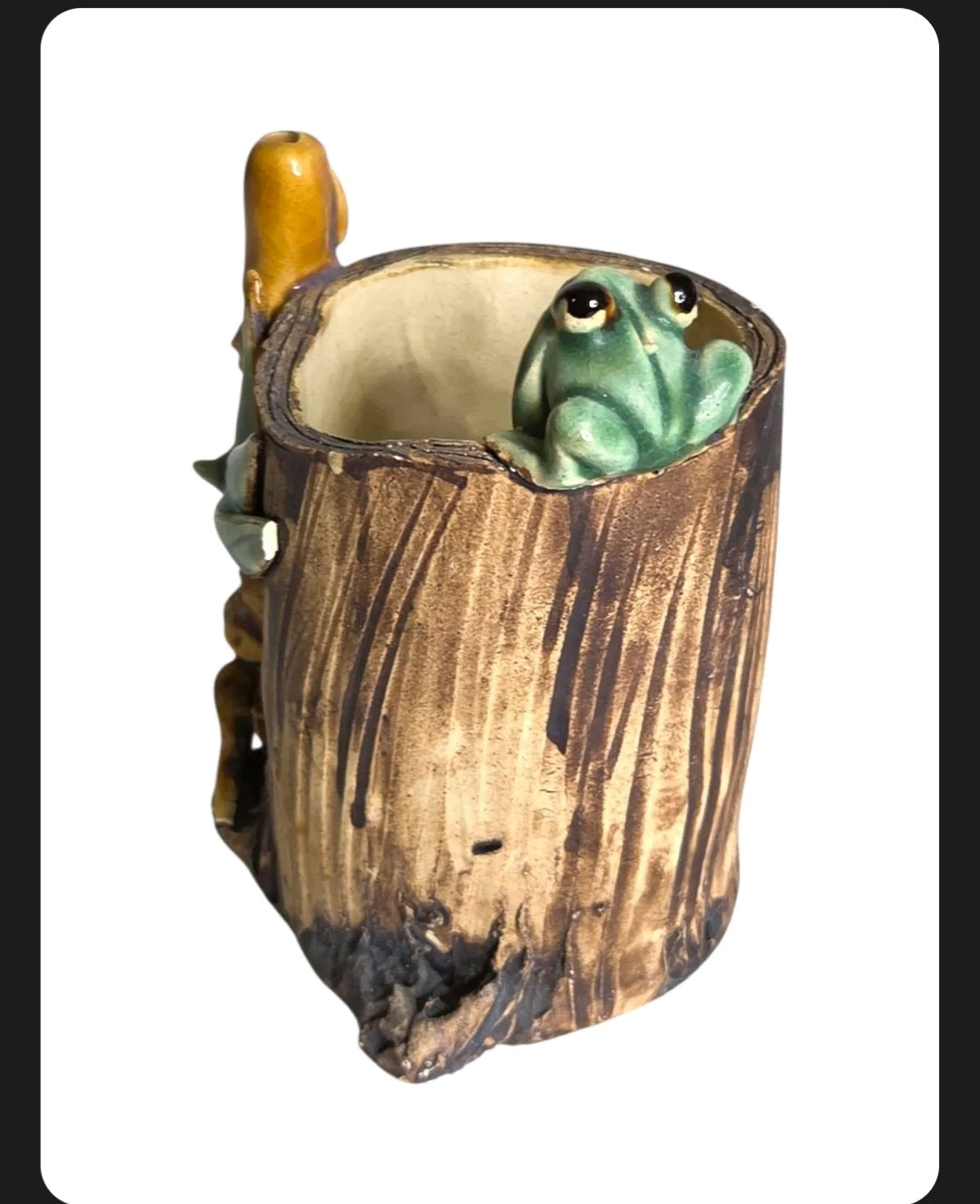 Oddly Darling Vintage handcrafted ceramic tree stump vessel with a green frog and bamboo accent for desk organization.