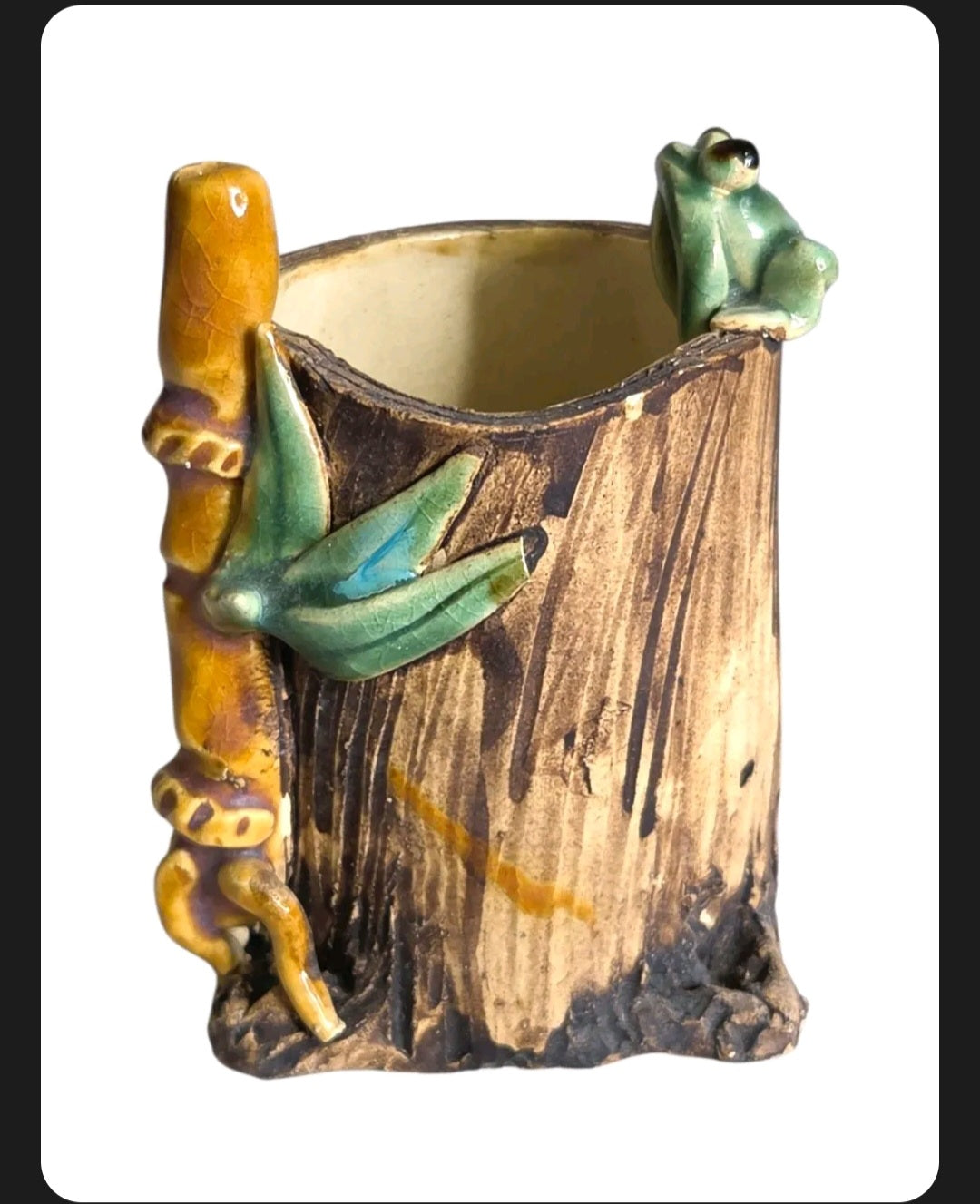 Oddly Darling Vintage handcrafted ceramic tree stump vessel with a green frog and bamboo accent for desk organization.