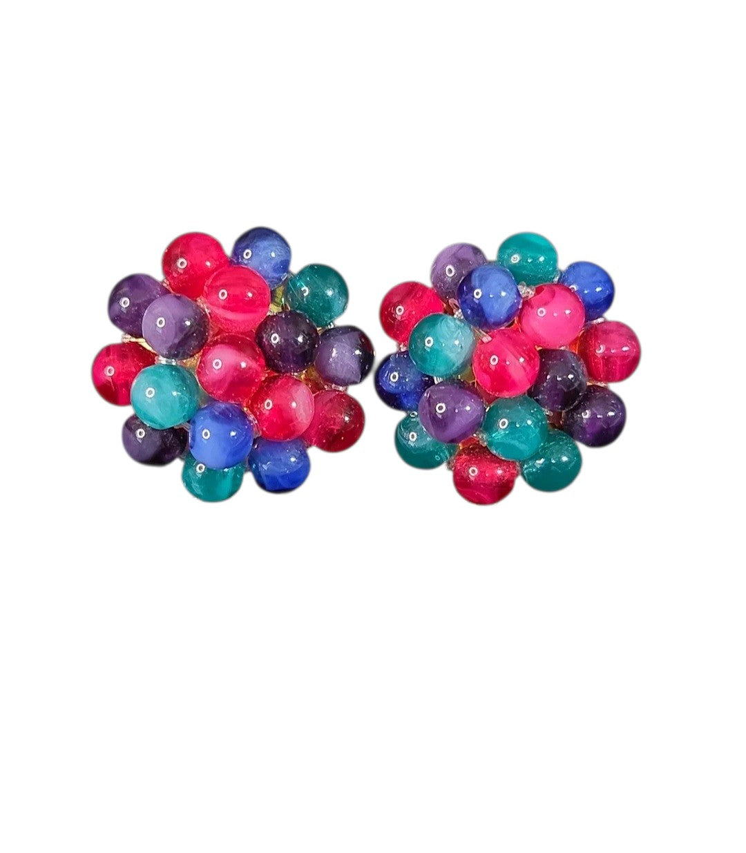 Oddly Darling Vintage multi-colored cluster bead clip-on earrings with magenta, teal, blue, and purple spheres.