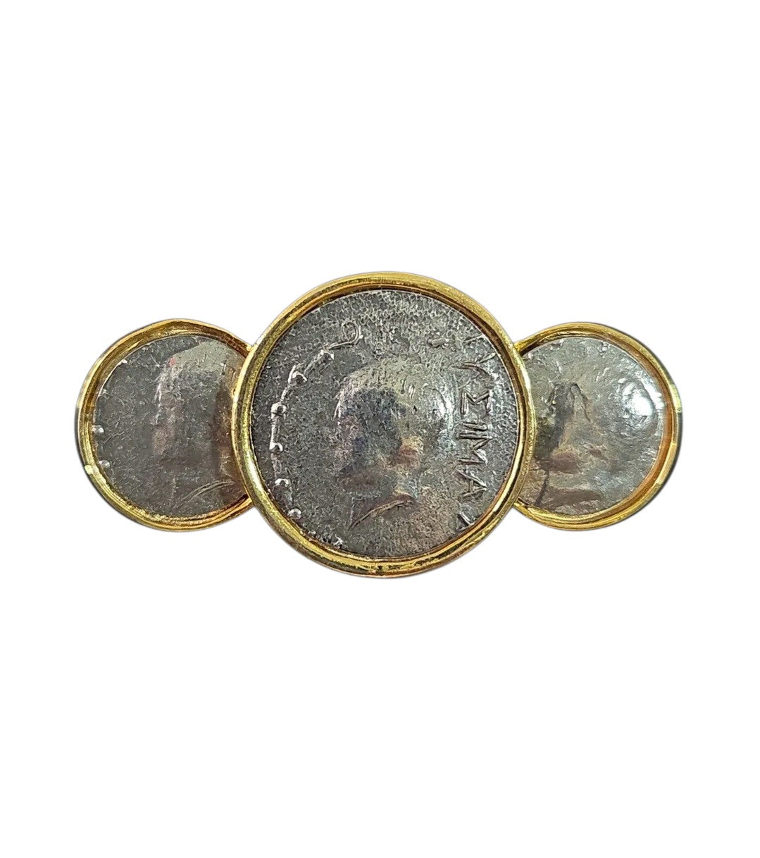 Oddly Darling Vintage statement brooch featuring three antique silver coin medallions in polished gold-tone settings.