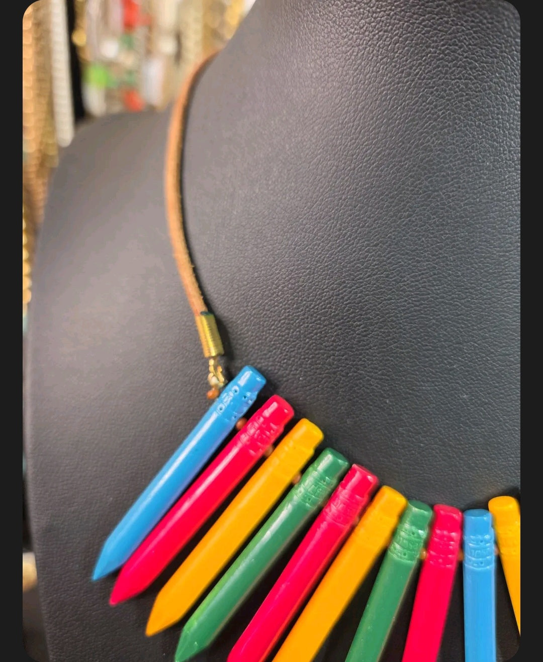 Oddly Darling Vintage crayon statement necklace with colorful pendants on a natural leather cord