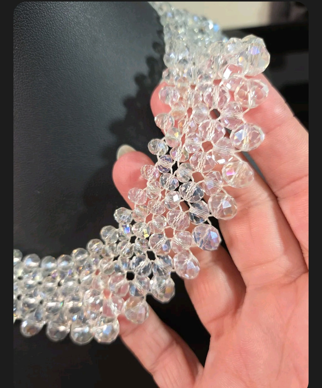 Oddly Darling Vintage handcrafted clear crystal statement collar necklace with intricate multi-layered beadwork.