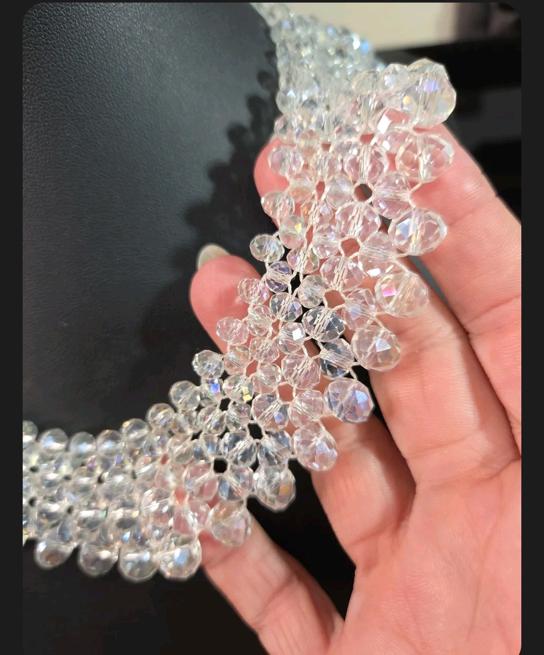 Oddly Darling Vintage handcrafted clear crystal statement collar necklace with intricate multi-layered beadwork.