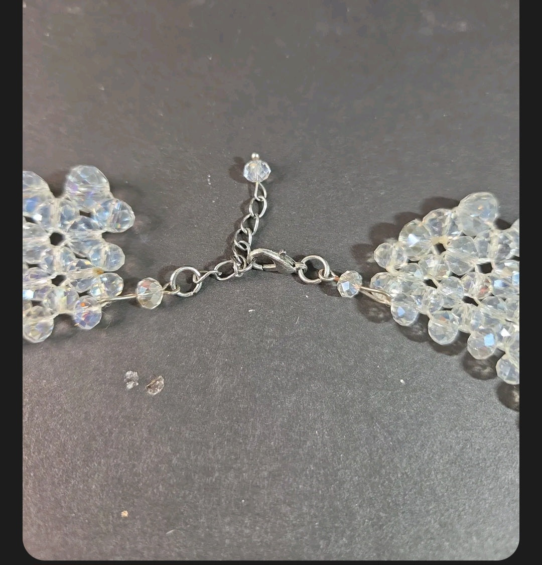 Oddly Darling Vintage crystal statement necklace featuring intricate woven clear beads and an adjustable lobster clasp.