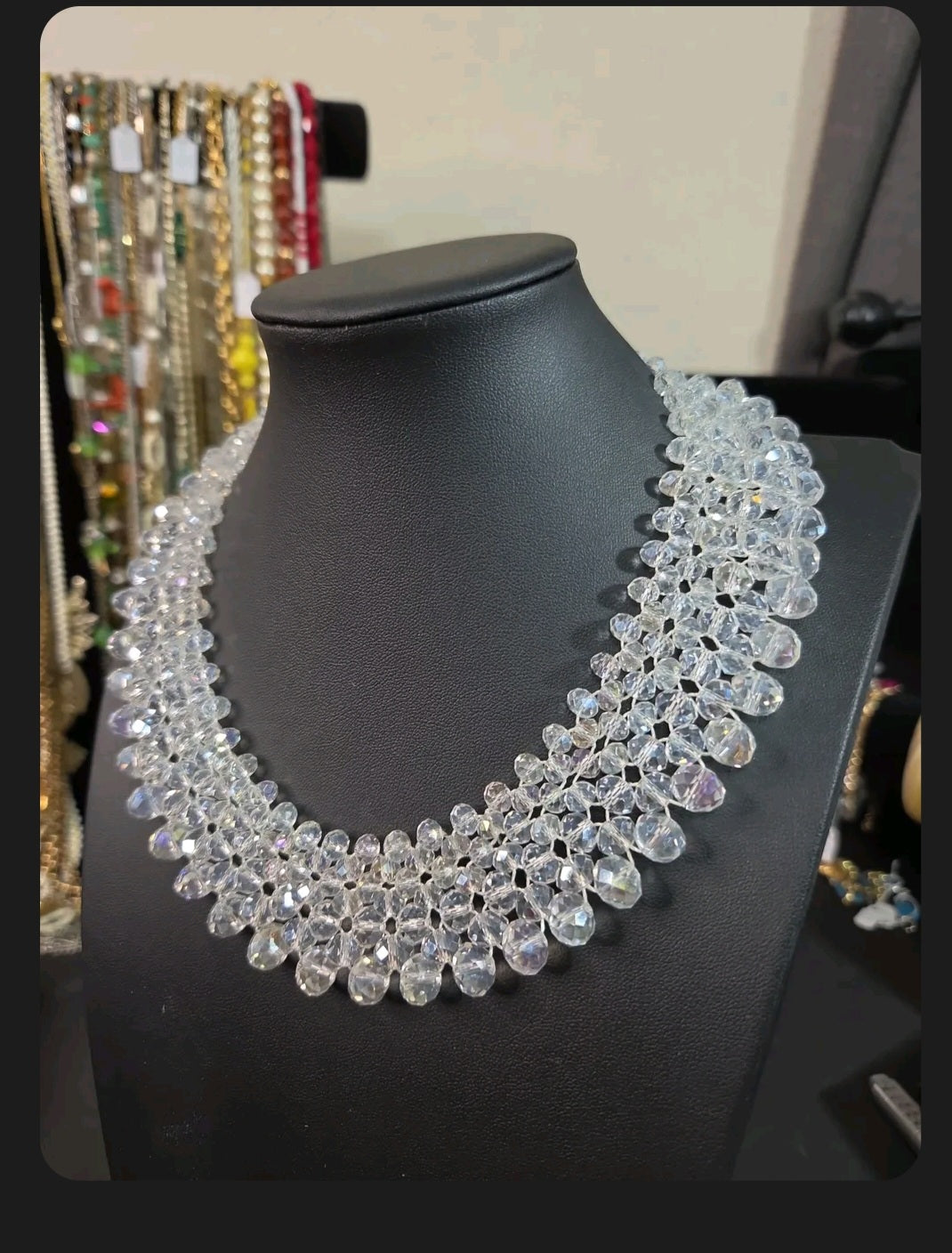 Oddly Darling Vintage multi-layered clear crystal statement collar necklace with intricate woven beadwork