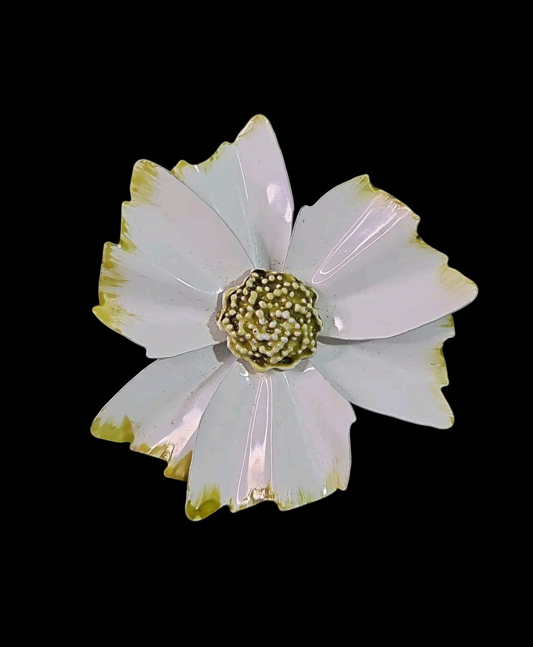 Oddly Darling Vintage enamel flower brooch with white petals, green tips, and a textured beaded center.