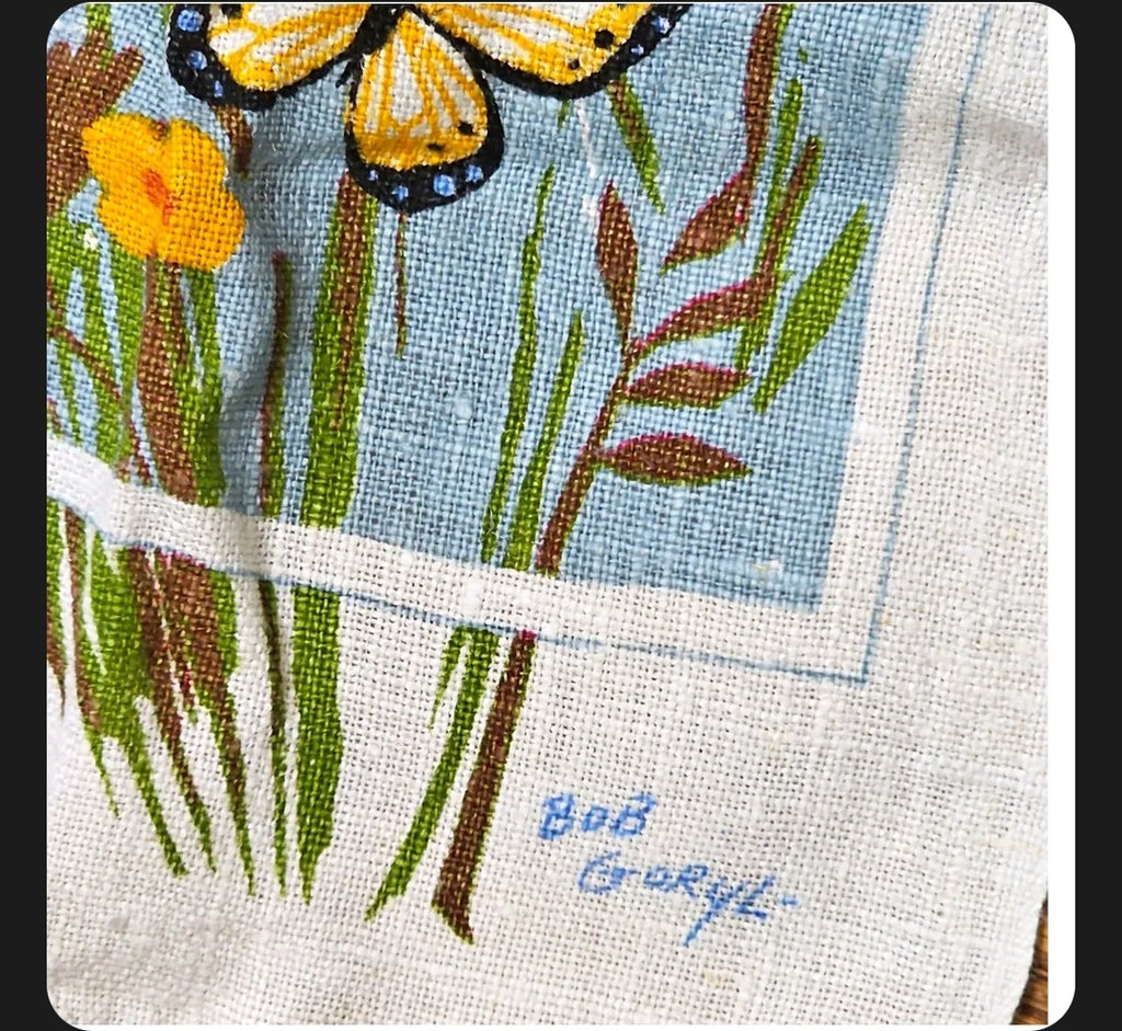 Oddly Darling Vintage linen tea towel featuring a screen-printed yellow butterfly and wildflower botanical design.