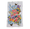 Oddly Darling Vintage linen tea towel featuring a vibrant wildflower bouquet and colorful butterflies on light fabric.