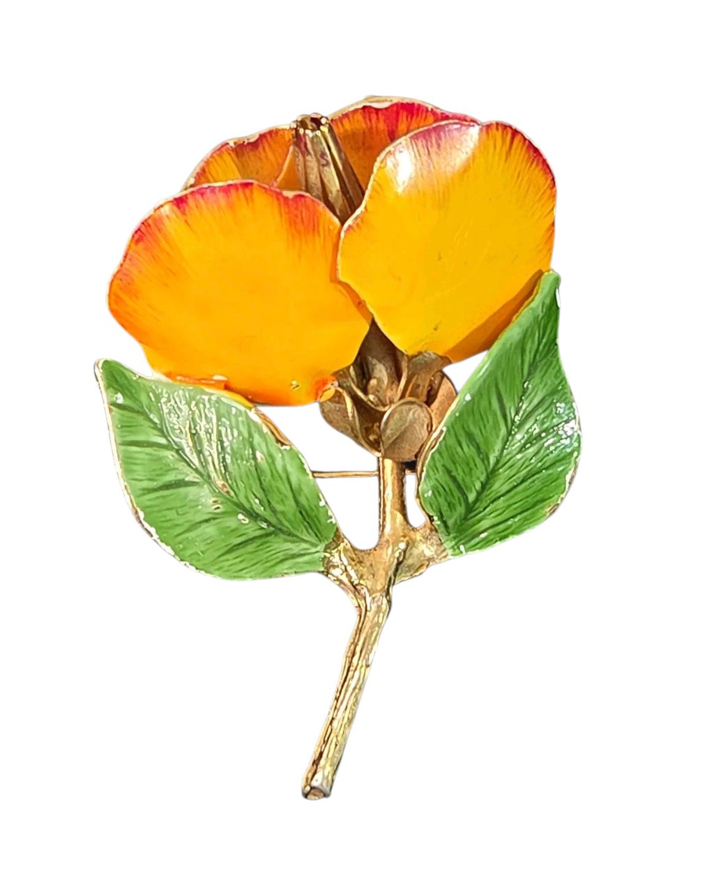 Oddly Darling Vintage floral brooch with yellow and orange enamel petals and green leaves on a gold-tone metal stem.