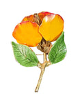 Oddly Darling Vintage floral brooch with yellow and orange enamel petals and green leaves on a gold-tone metal stem.