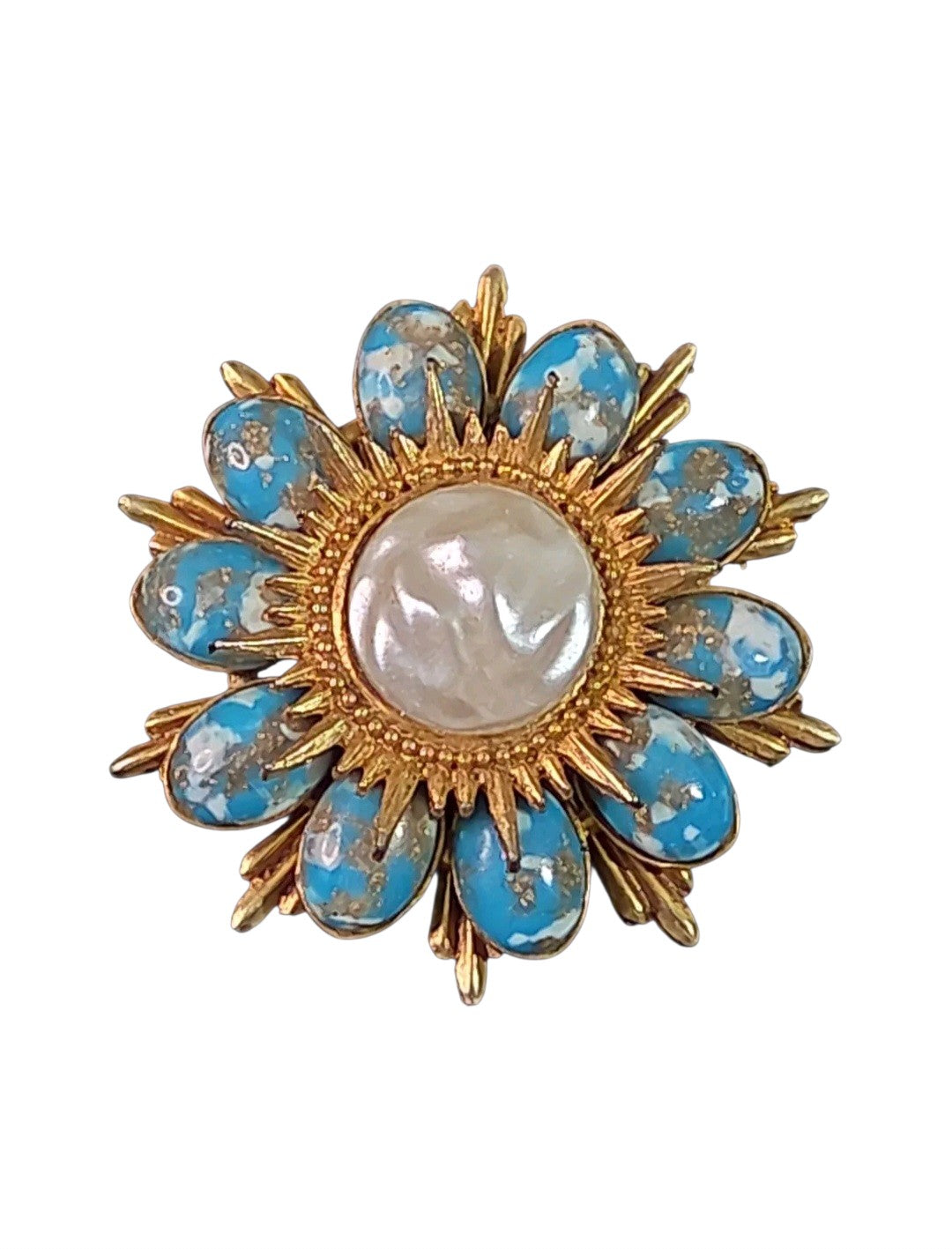 Oddly Darling Vintage floral statement brooch with a central cabochon surrounded by marbled turquoise stones in gold.