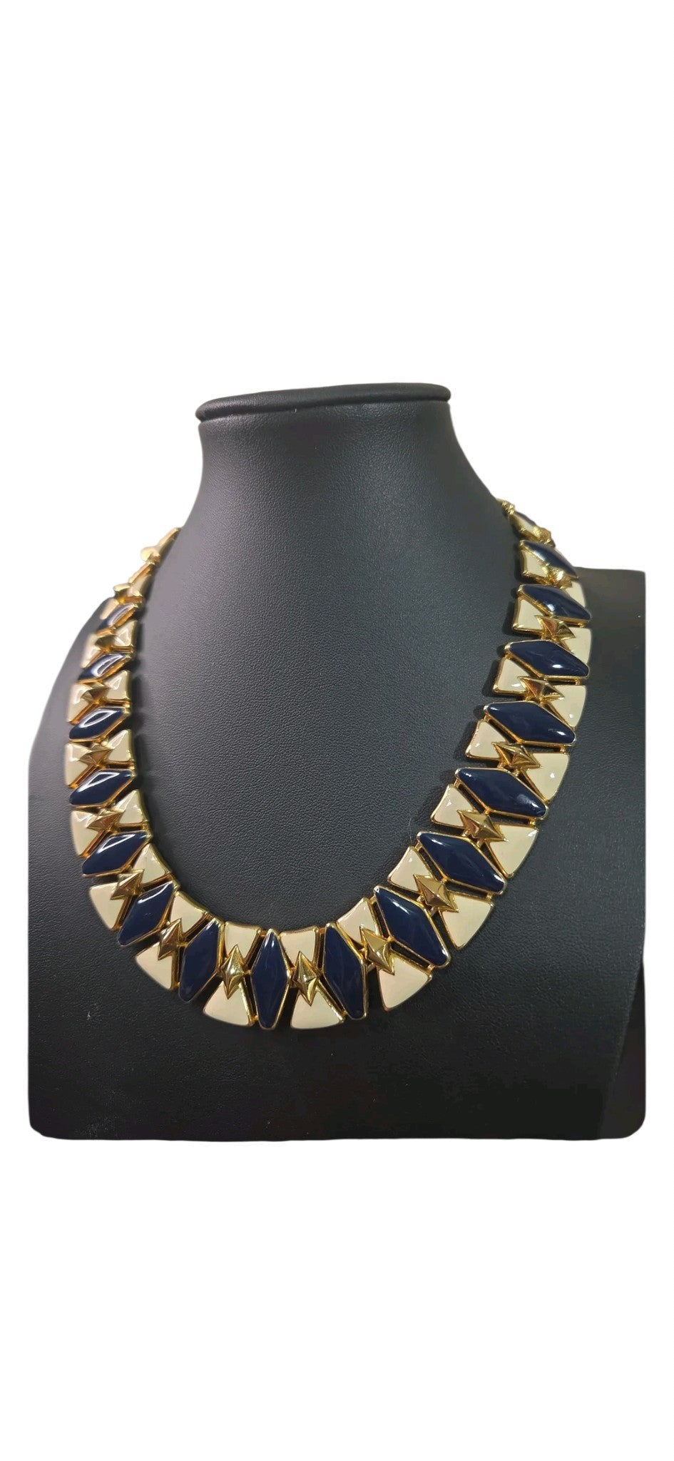 Oddly Darling Vintage geometric collar necklace with navy and cream enamel tiles set in polished gold-tone metal.