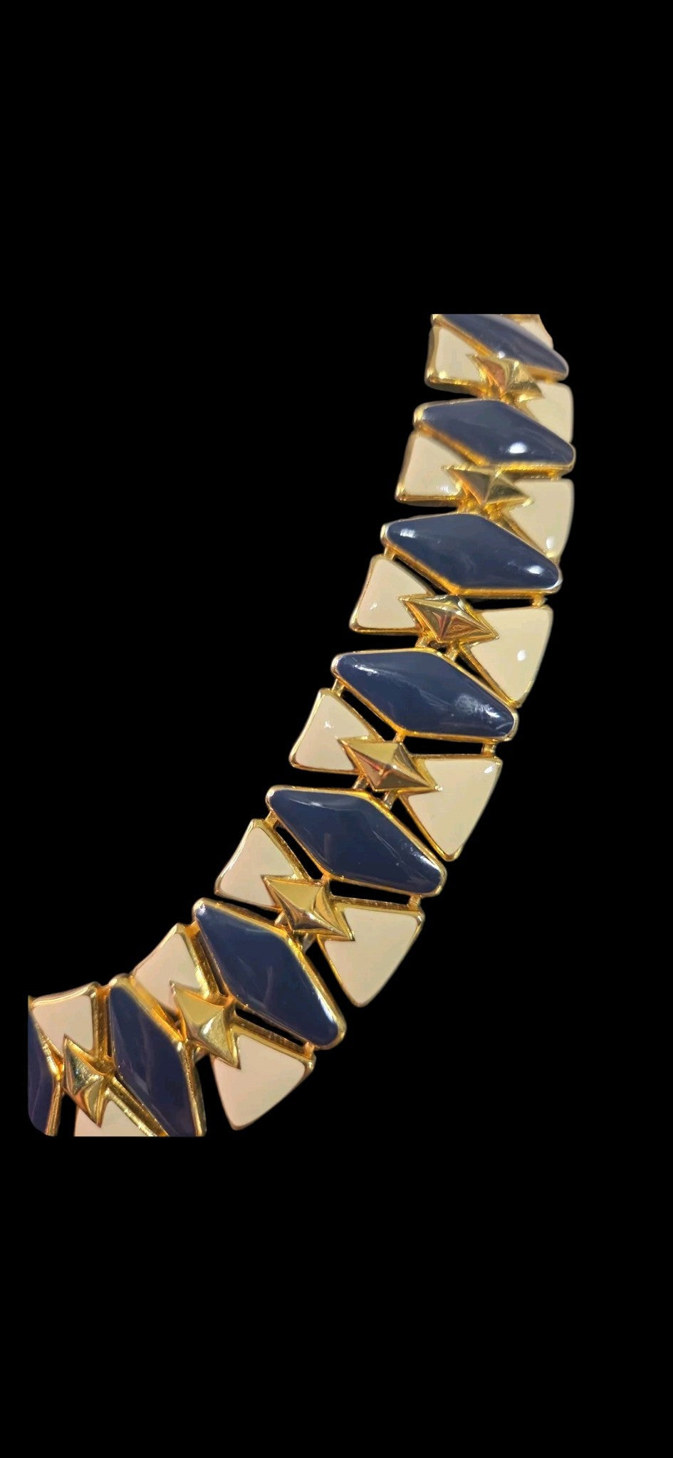 Oddly Darling Vintage geometric collar necklace with navy blue and cream enamel tiles set in polished gold-tone metal.