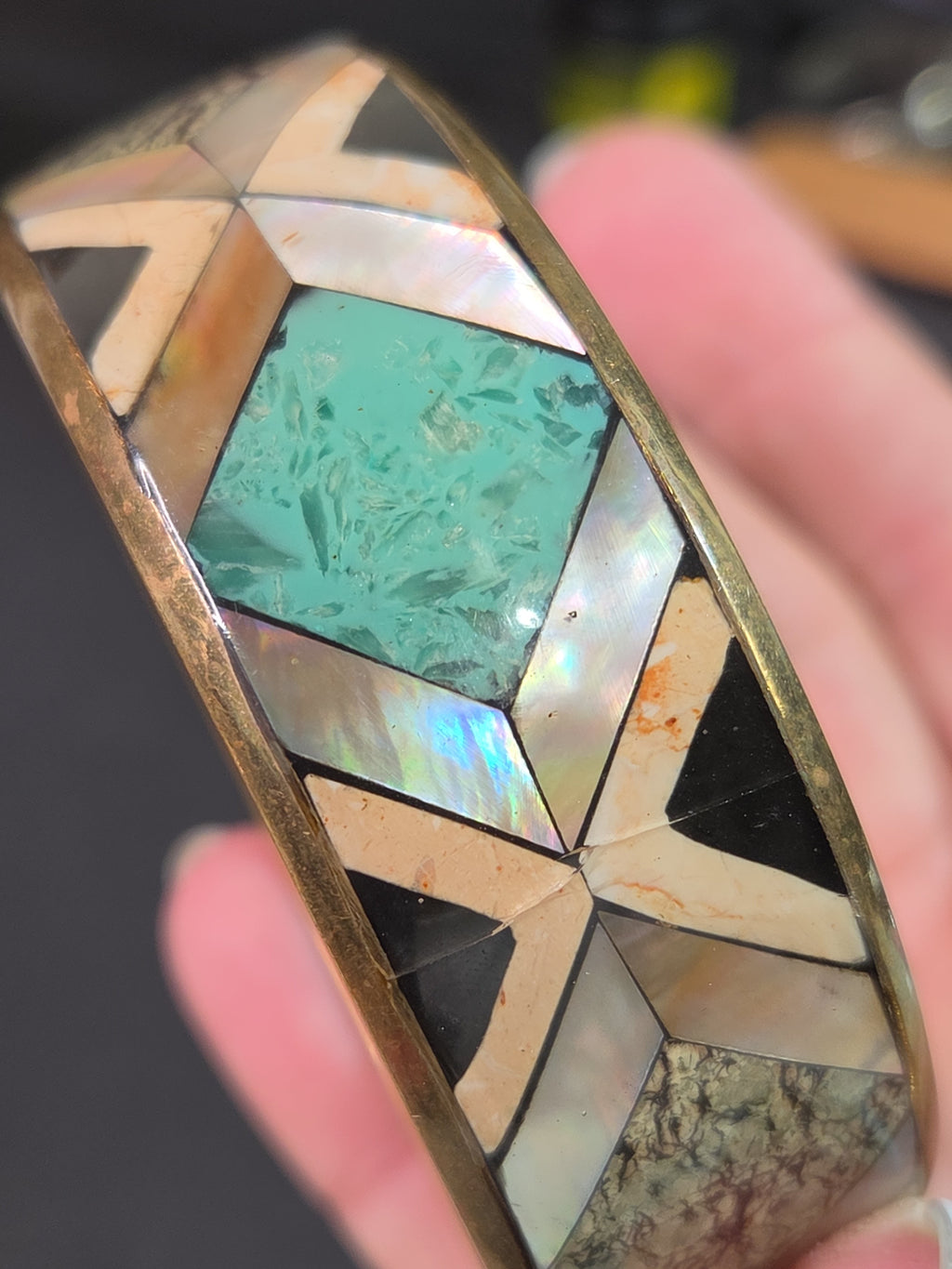 Oddly Darling Vintage geometric bangle bracelet with mother-of-pearl, turquoise, and stone mosaic inlay in gold-tone