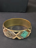 Oddly Darling Vintage geometric bangle bracelet with gold-tone metal, mother-of-pearl, stone, and turquoise inlay.