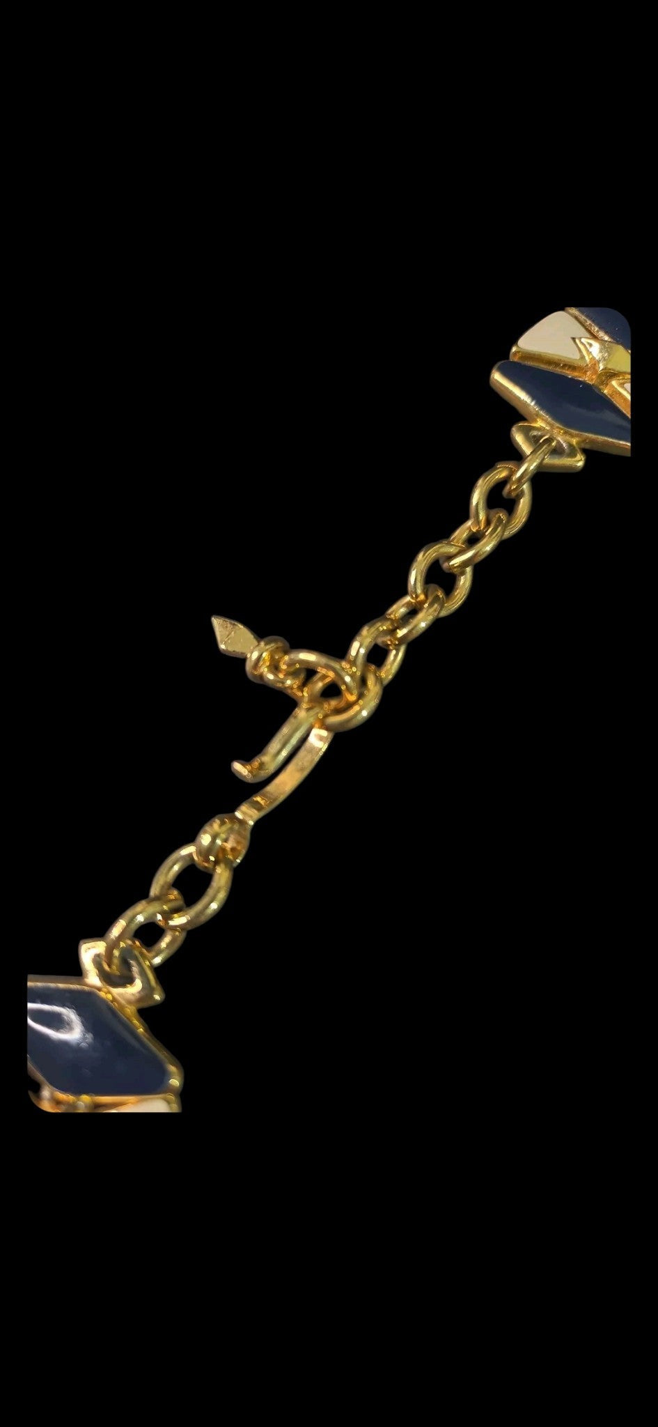 Oddly Darling Vintage gold-tone metal necklace with navy and cream enamel geometric tiles and secure hook clasp