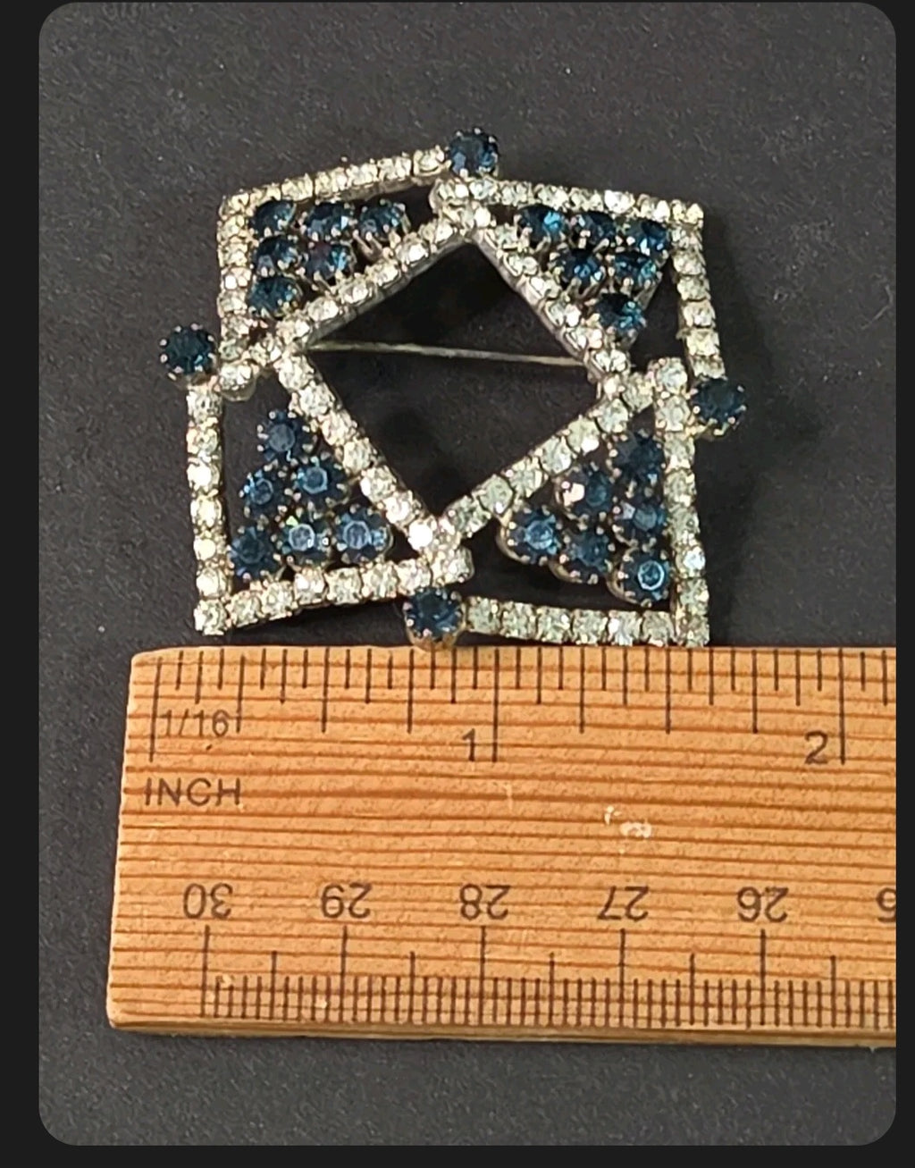 Oddly Darling Vintage geometric brooch with clear and blue rhinestones in a square-within-a-square design.