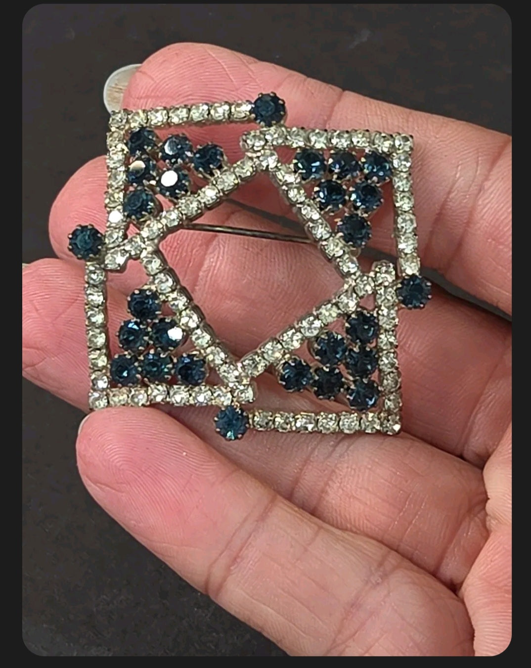 Oddly Darling Vintage geometric brooch with clear and blue rhinestones in a square-within-a-square design.