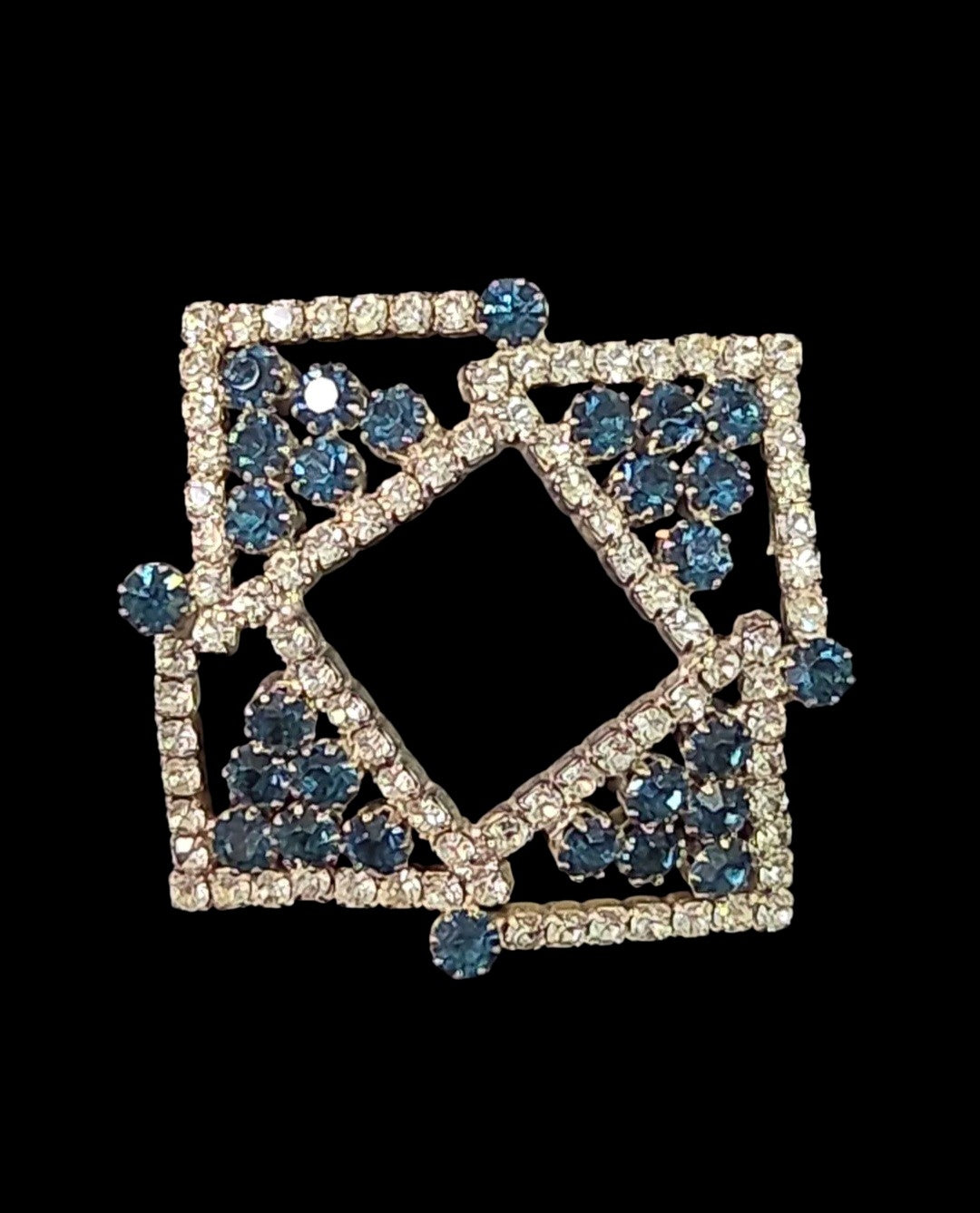 Oddly Darling Vintage geometric brooch featuring clear crystals and blue stones in a square-within-a-square design.