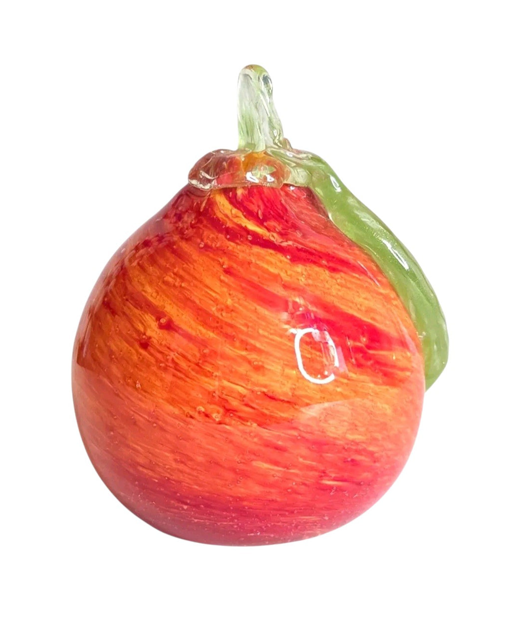 Oddly Darling Vintage hand blown glass fruit paperweight in sunset orange and crimson with a green glass leaf detail.