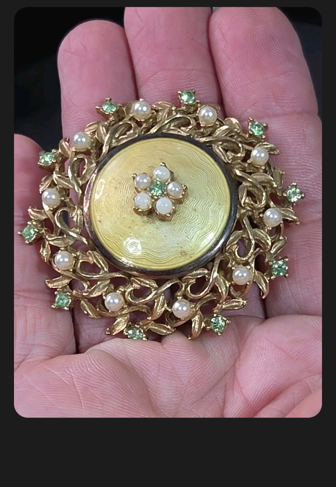 Oddly Darling Vintage gold-tone brooch with guilloché enamel, faux pearls, and green rhinestones in a floral design.