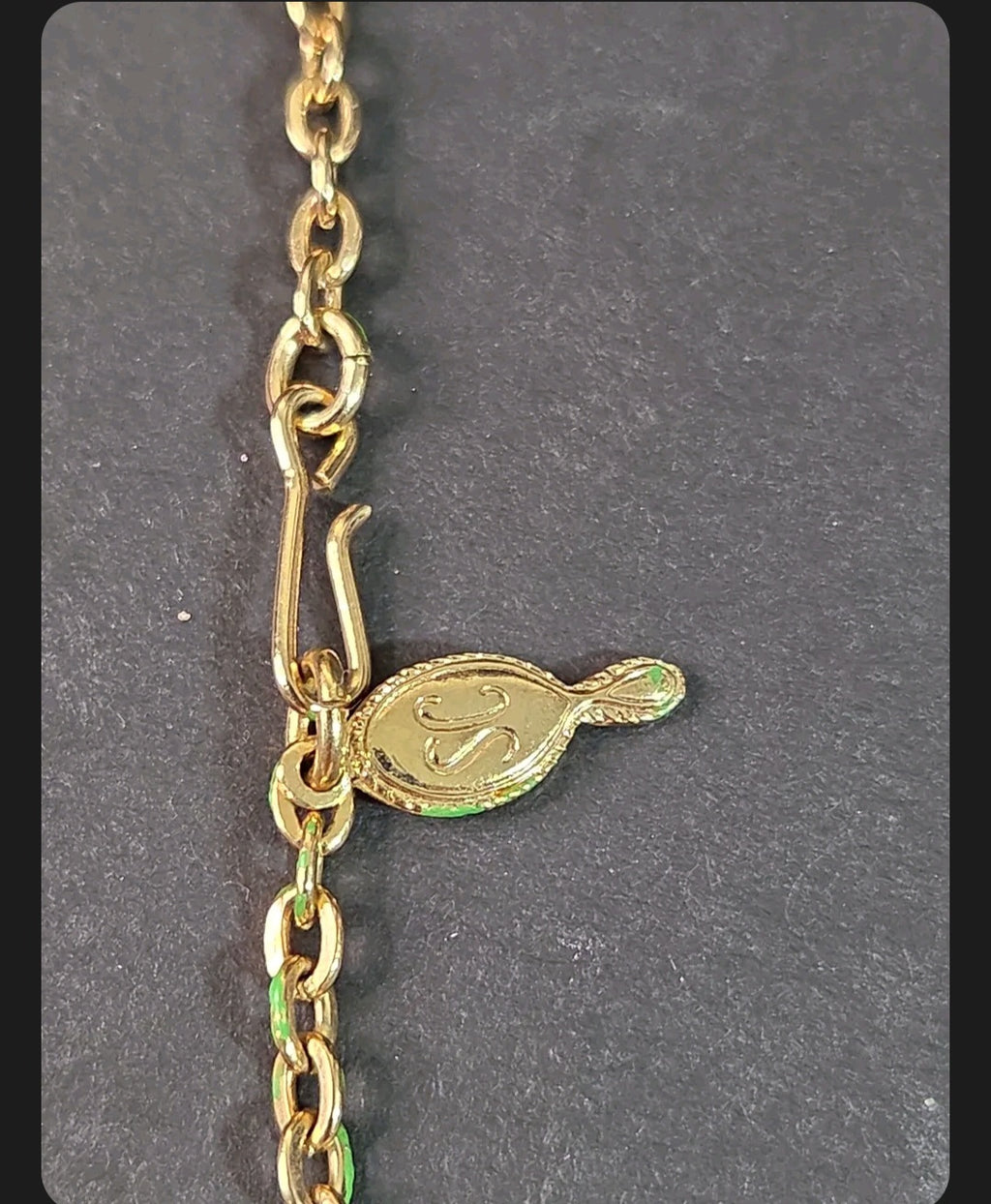 Oddly Darling Vintage gold-tone necklace hook clasp featuring a signature SC charm on a delicate chain