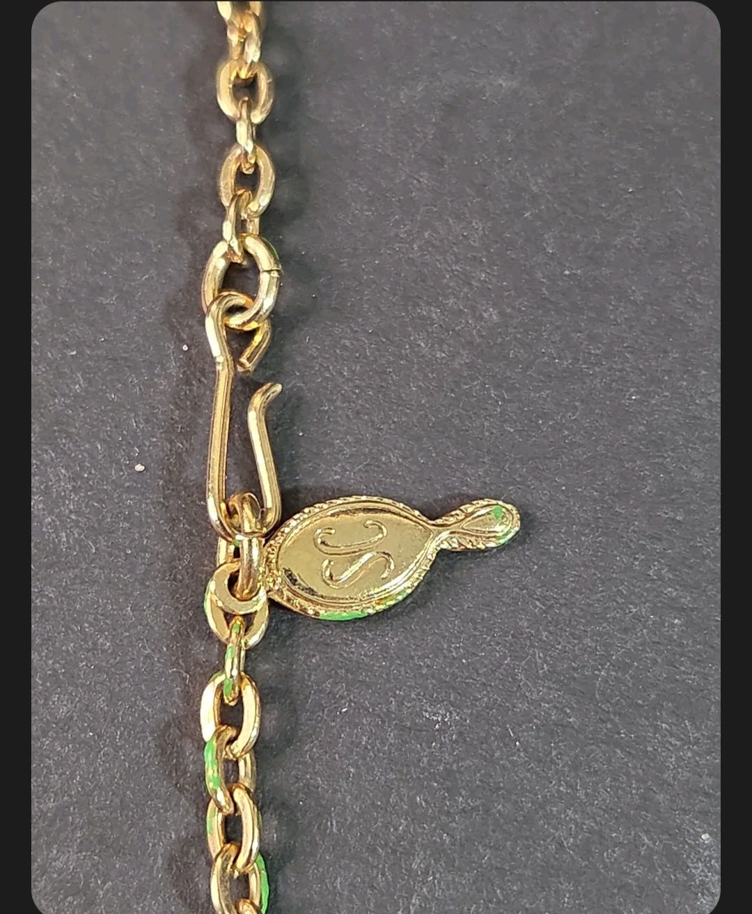 Oddly Darling Vintage gold-tone necklace hook clasp featuring a signature SC charm on a delicate chain